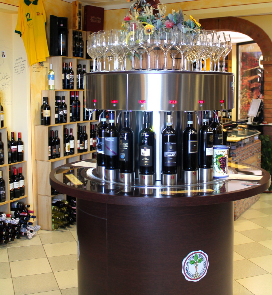 Unique wine dispensers pour and preserve the Brunellos.
